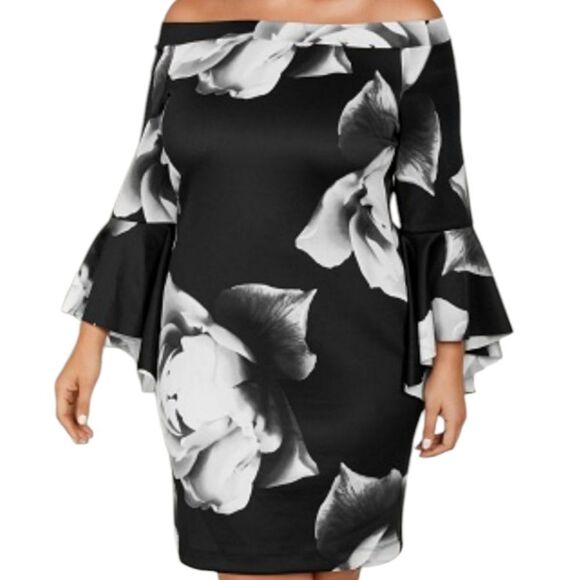 VENUS Black and White Floral Off-Shoulder Dress - Picture 12 of 13